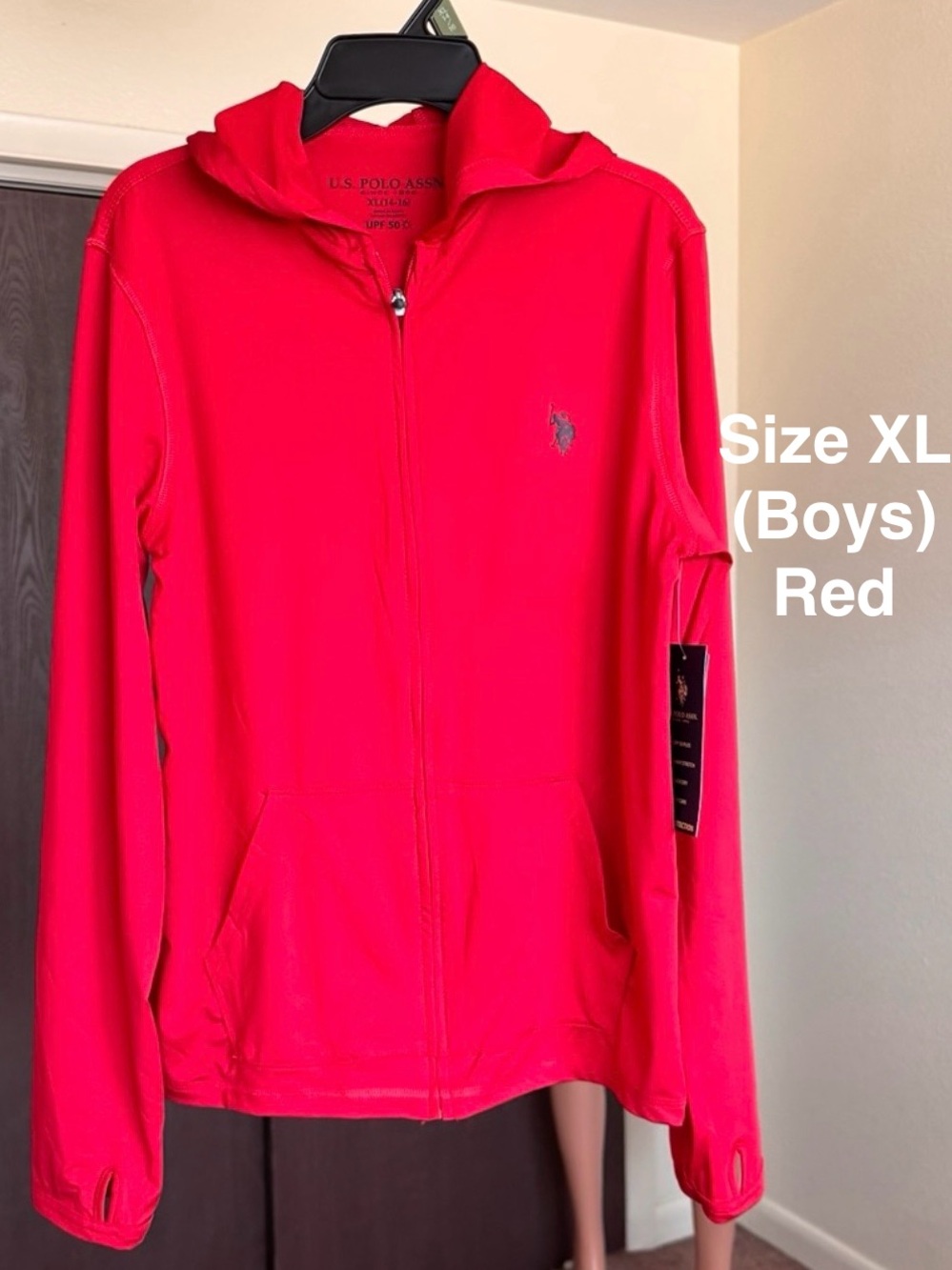 U.S Polo Assn. Boys Long Sleeve Hooded Zip-Up Rashguard, Size XL, Engine Red
